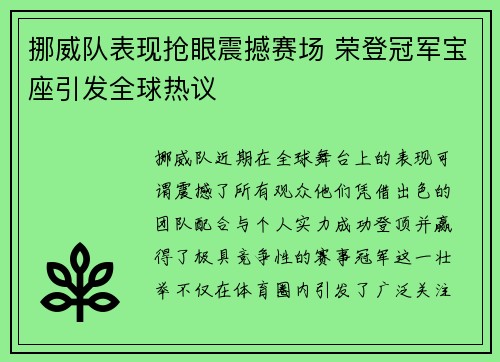 挪威队表现抢眼震撼赛场 荣登冠军宝座引发全球热议