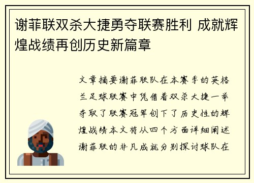 谢菲联双杀大捷勇夺联赛胜利 成就辉煌战绩再创历史新篇章