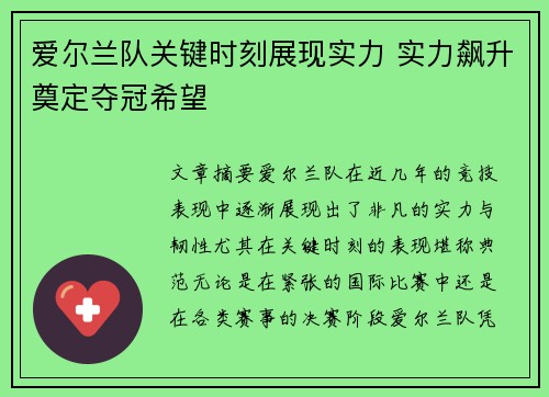 爱尔兰队关键时刻展现实力 实力飙升奠定夺冠希望