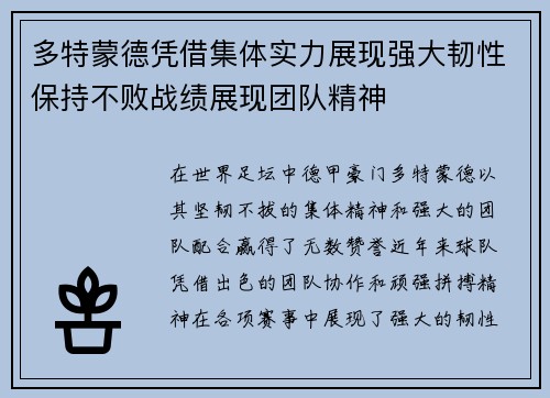 多特蒙德凭借集体实力展现强大韧性保持不败战绩展现团队精神