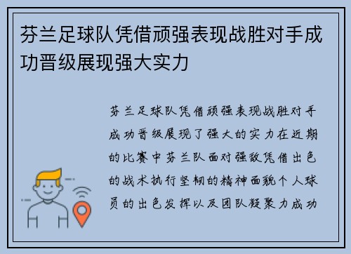 芬兰足球队凭借顽强表现战胜对手成功晋级展现强大实力