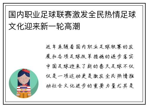 国内职业足球联赛激发全民热情足球文化迎来新一轮高潮