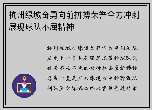 杭州绿城奋勇向前拼搏荣誉全力冲刺展现球队不屈精神