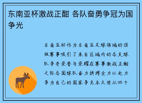 东南亚杯激战正酣 各队奋勇争冠为国争光