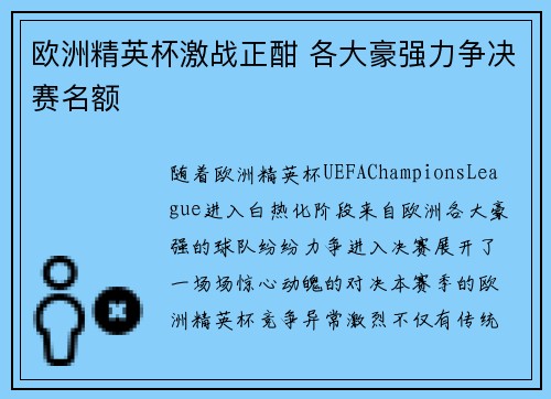 欧洲精英杯激战正酣 各大豪强力争决赛名额