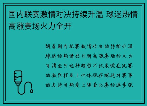 国内联赛激情对决持续升温 球迷热情高涨赛场火力全开