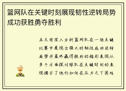 篮网队在关键时刻展现韧性逆转局势成功获胜勇夺胜利