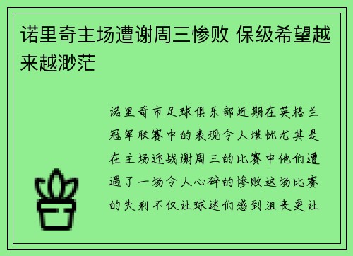 诺里奇主场遭谢周三惨败 保级希望越来越渺茫